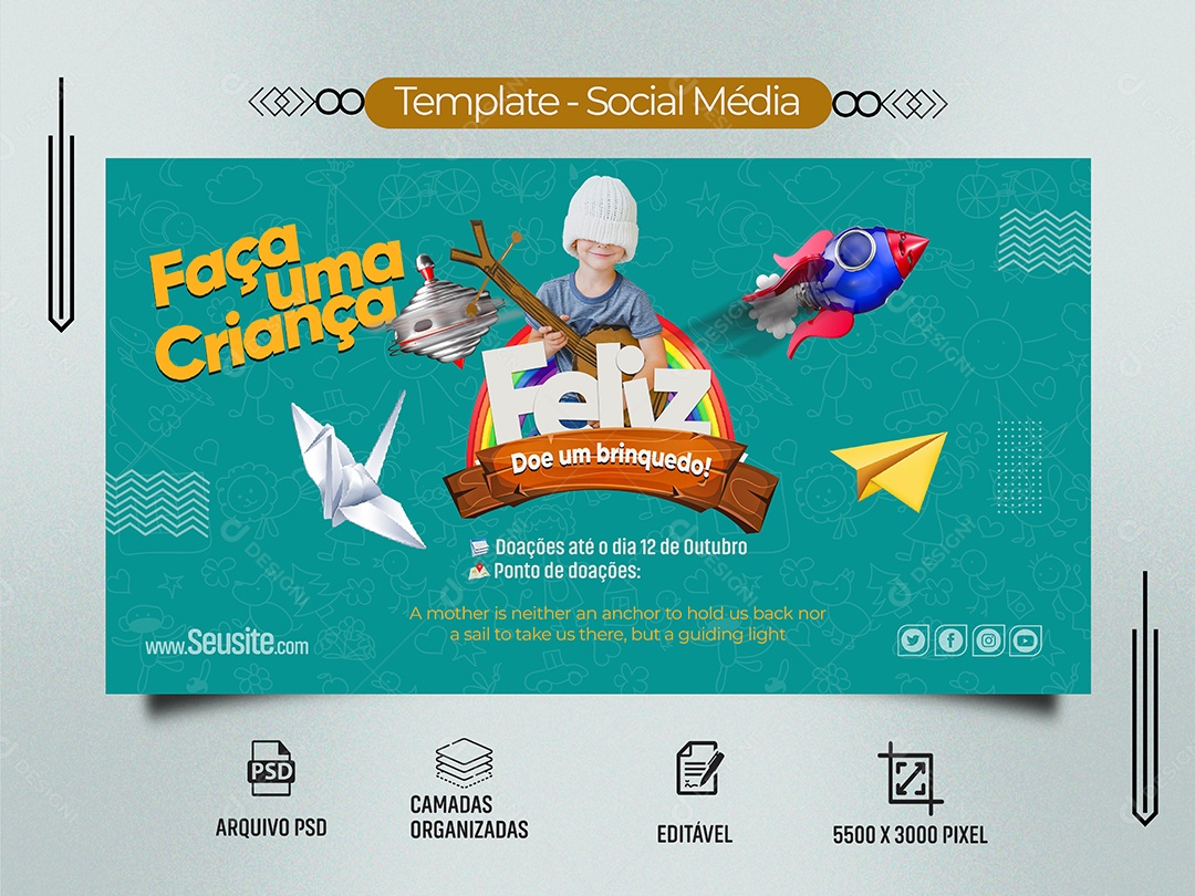 Banner Faça Uma Criança Feliz Dia Das Crianças Social Media PSD Editável