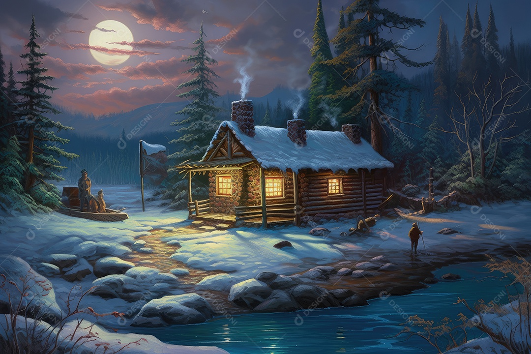 Caban aconchegante sob aurora boreal e neve