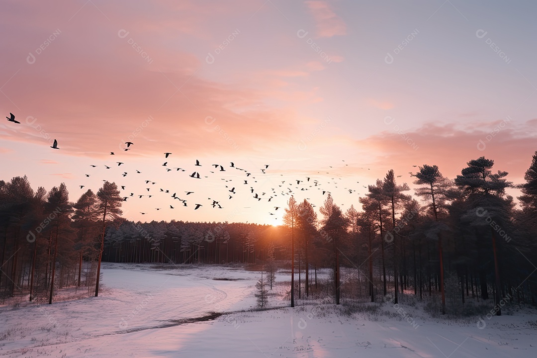 Floresta nevada refletida no lago congelado ao pôr do sol.