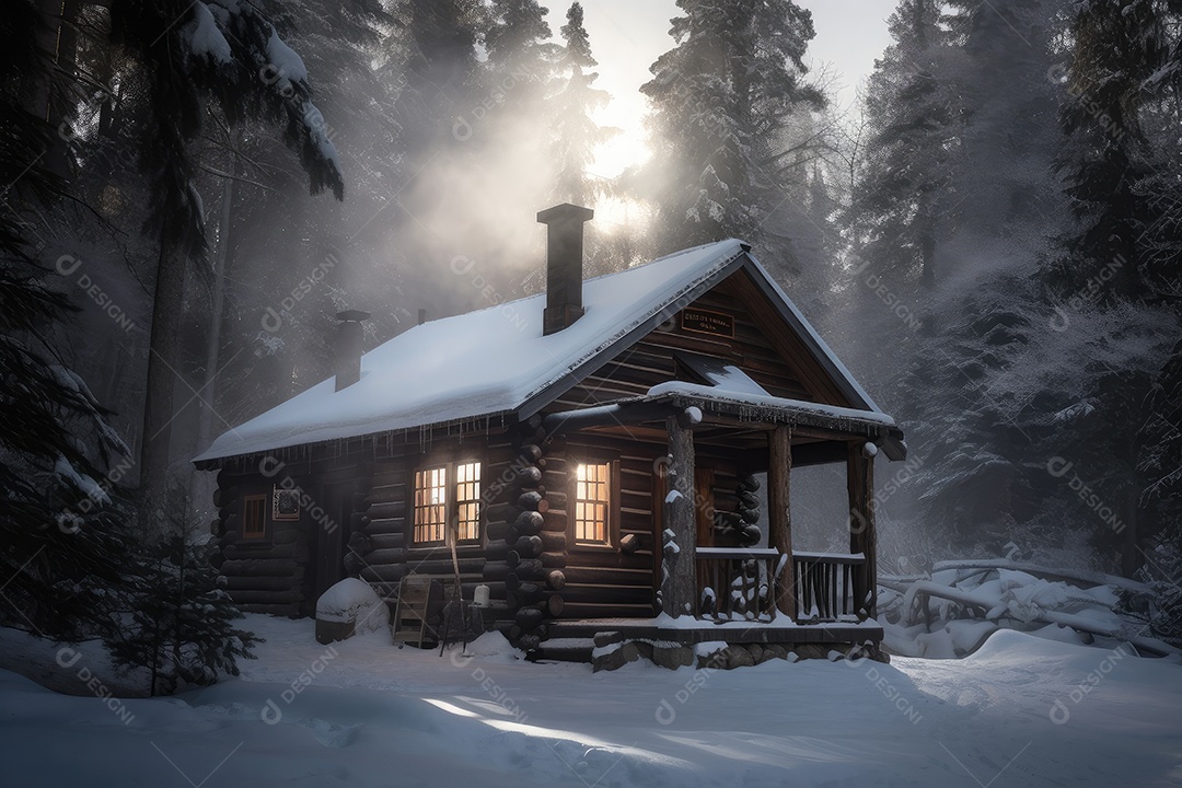 Cabane aconchegante cercada por neve e pinheiros, com o riacho congelado na frente.