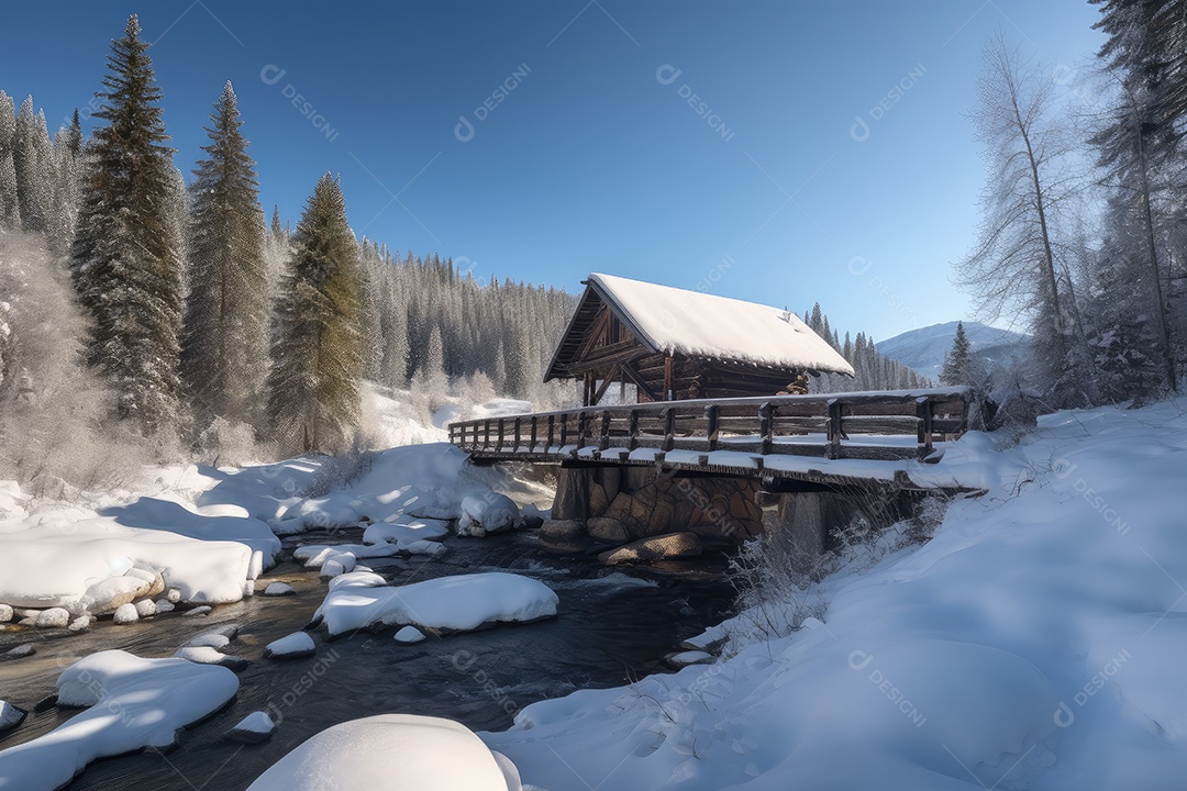 Cabana aconchegante na neve, Frozen Creek, montanhas ao fundo.