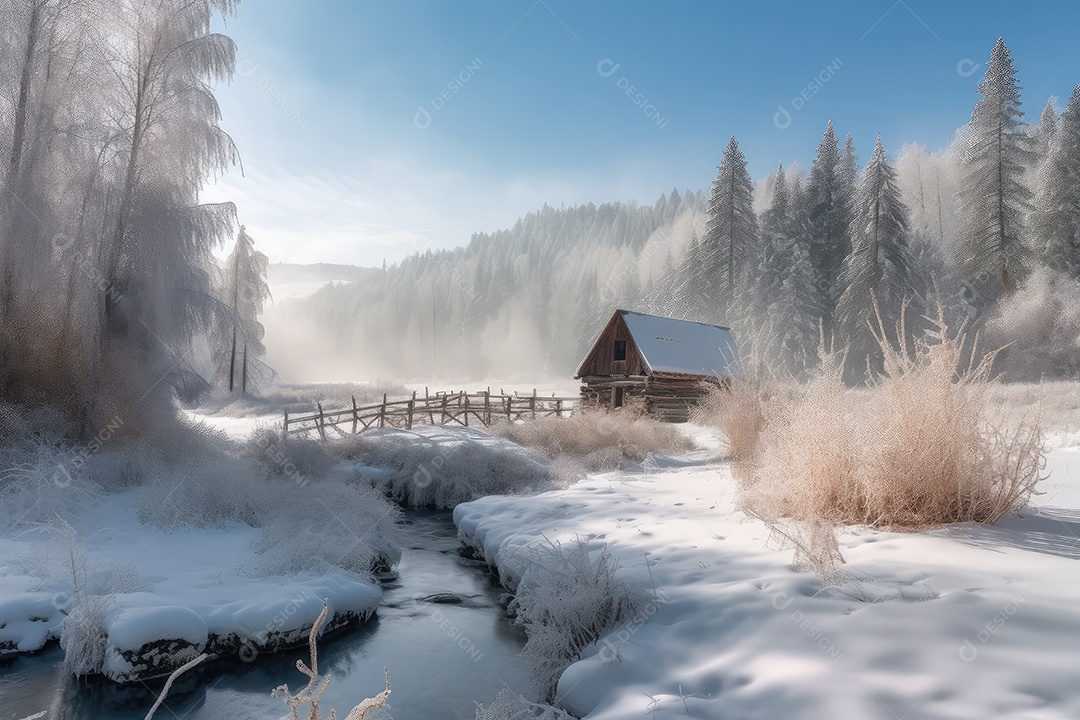 Cabana aconchegante na neve, Frozen Creek, montanhas ao fundo.