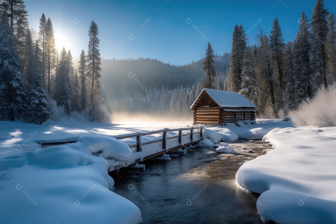 Cabana aconchegante na neve, Frozen Creek, montanhas ao fundo.