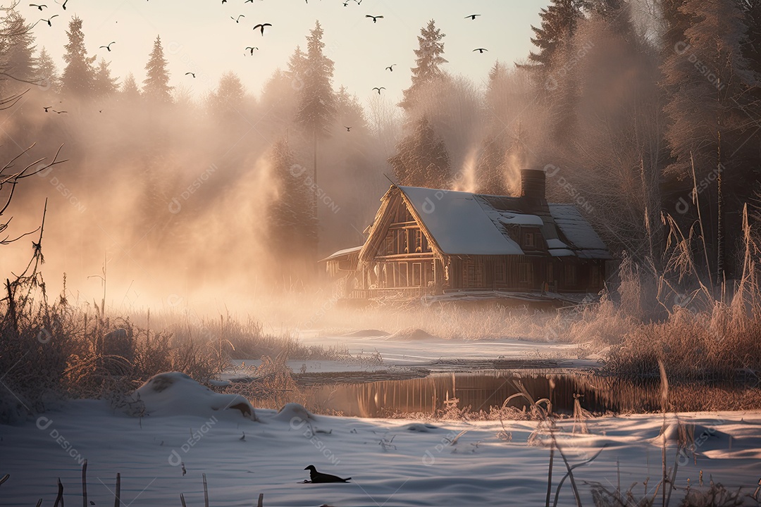 Cabine aconchegante na neve, córrego congelado, natureza serena.