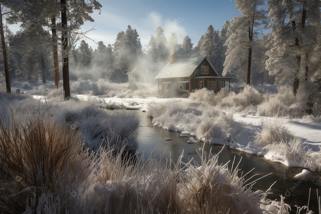 Cabine aconchegante na neve, córrego congelado, natureza serena.