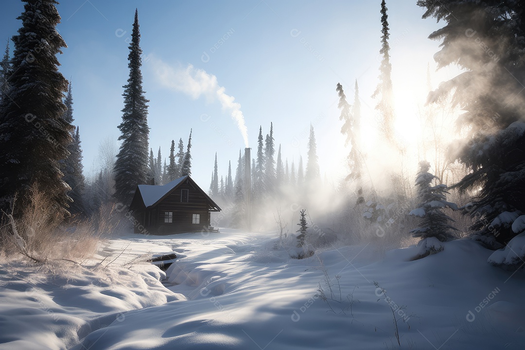 Cabine aconchegante na neve, córrego congelado, natureza serena.