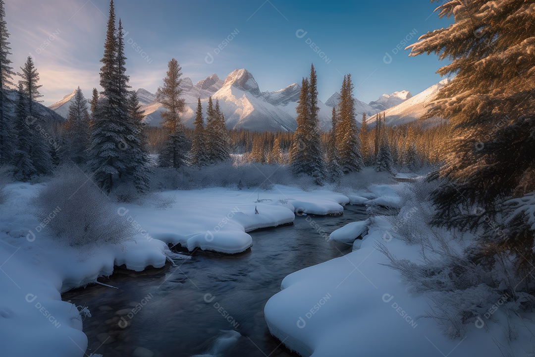 Bosques de neve, riacho congelado, cervos entre pinheiros.