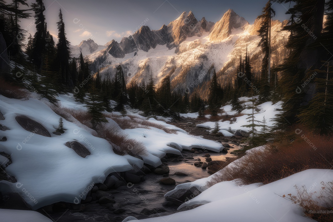 Bosques de neve, riacho congelado, cervos entre pinheiros.