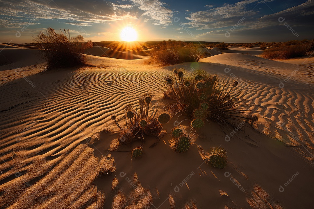 Deserto escaldante sol nas dunas, cactos e calor intenso.