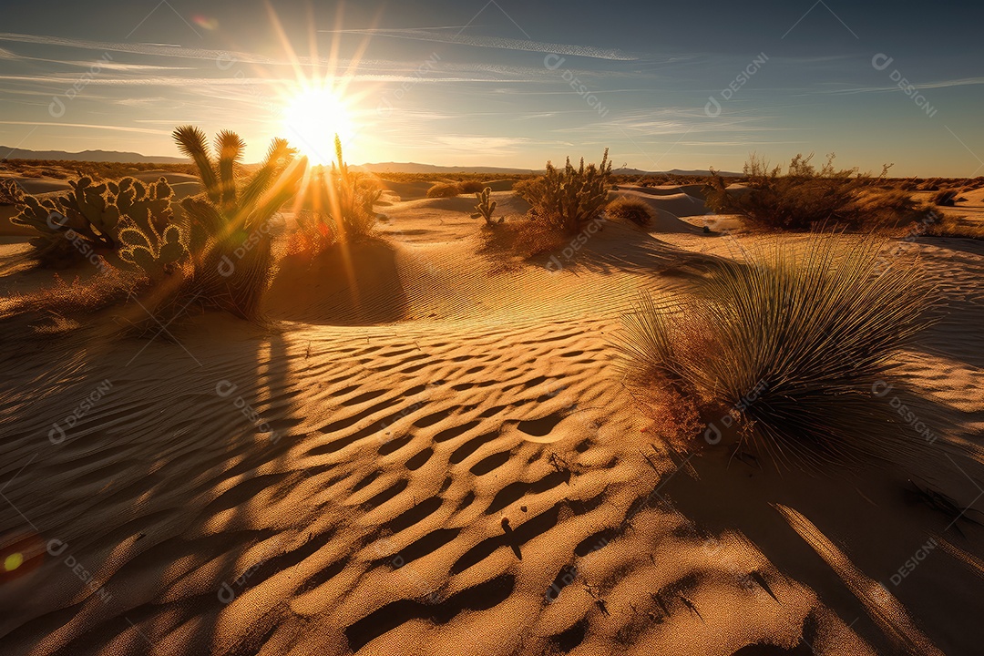 Deserto escaldante sol nas dunas, cactos e calor intenso.