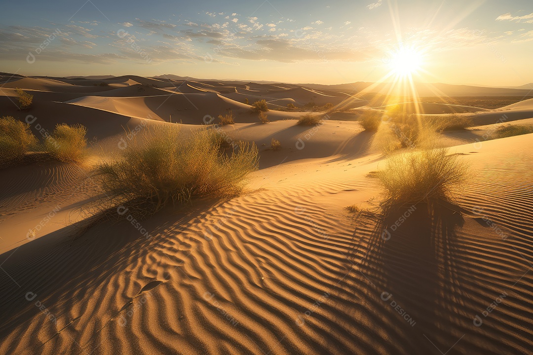 Deserto dourado queimando sol sobre dunas, cactos e céu quente.