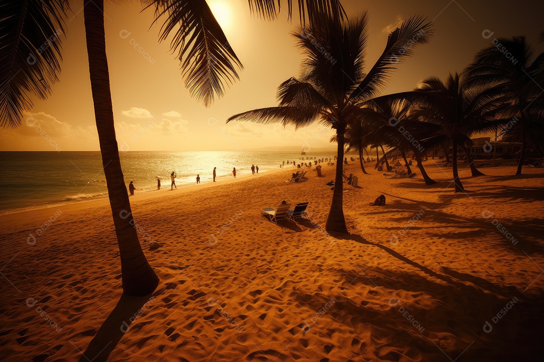 Praia dourada, sol brilhante, banhistas felizes.