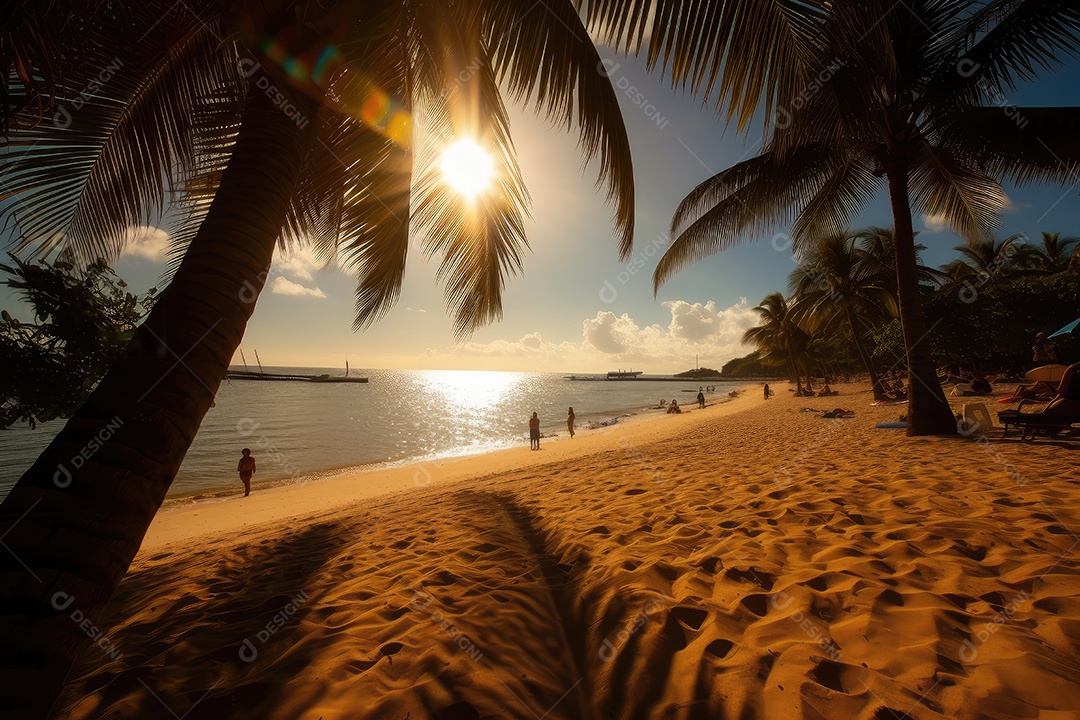 Praia dourada, sol brilhante, banhistas felizes.