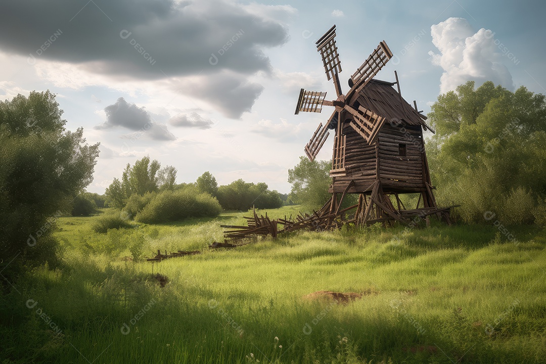 Moinho girando em campo verde sob forte vento.