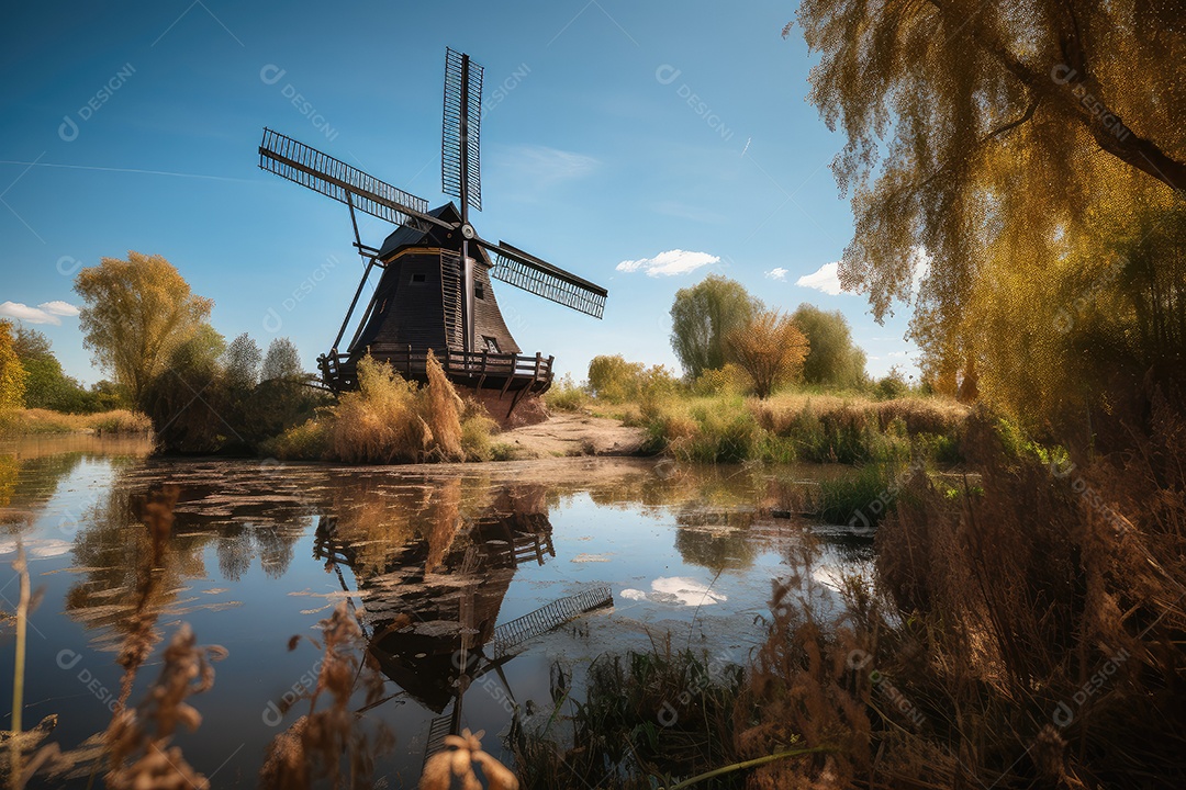 Antigo moinho em campo aberto, dançando árvores.