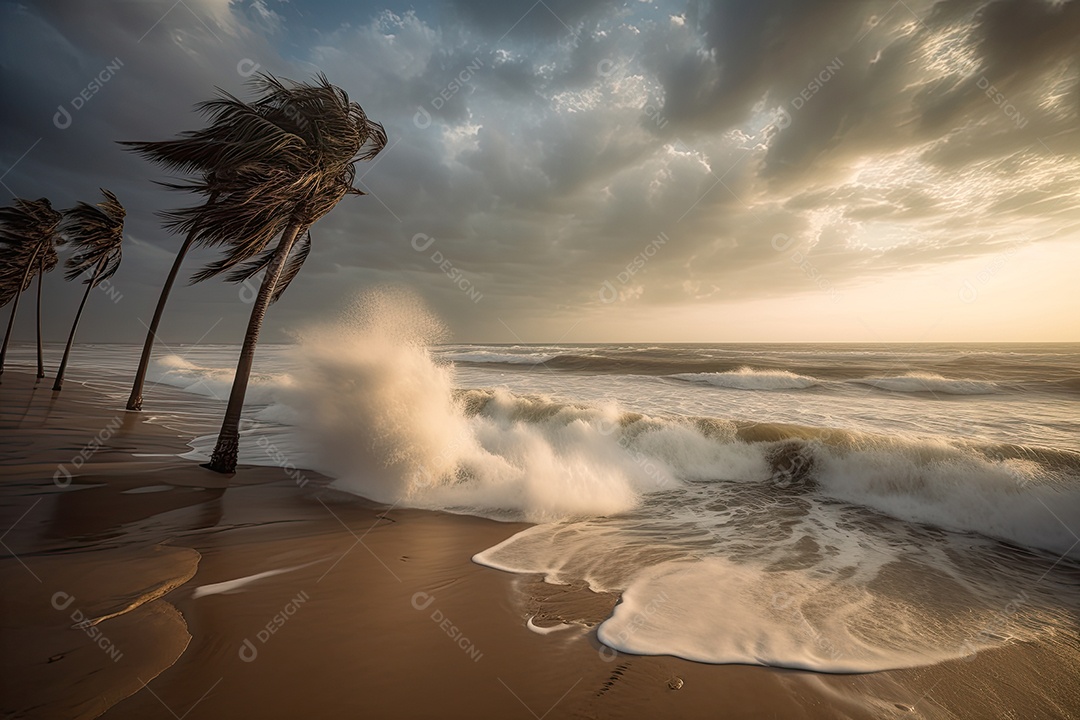 Paisagem costeira palmeiras curvantes, ondas agitadas e céu esculpido pelo vento.