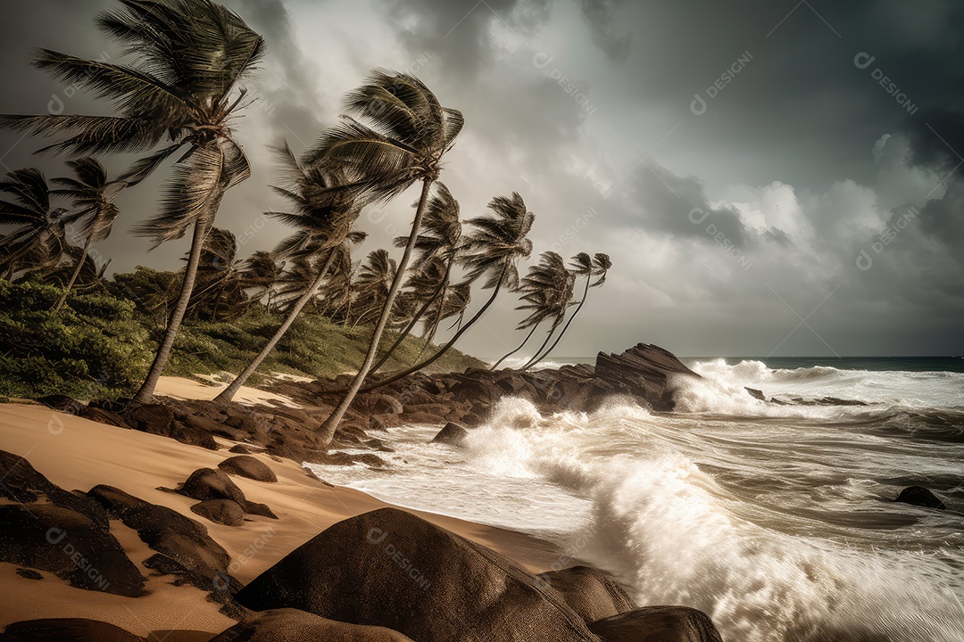 Paisagem costeira palmeiras curvantes, ondas agitadas e céu esculpido pelo vento.