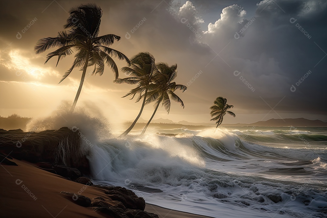 Paisagem costeira palmeiras curvantes, ondas agitadas e céu esculpido pelo vento.
