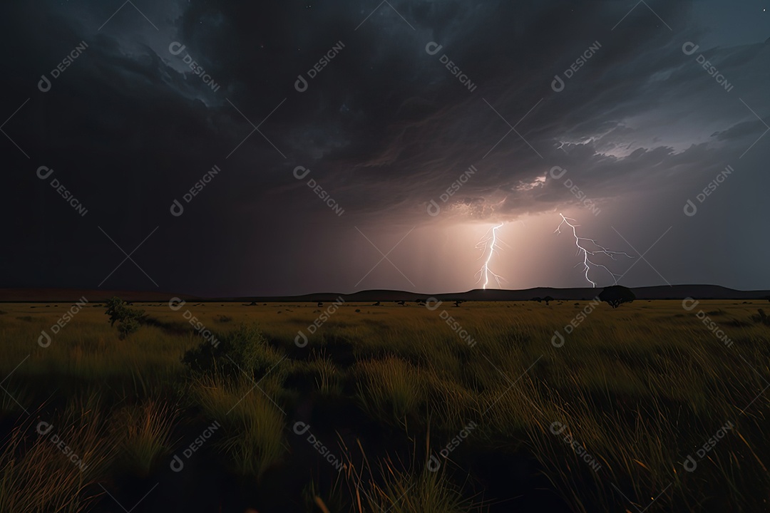 Céus tempestuosos iluminados por um raio intenso.