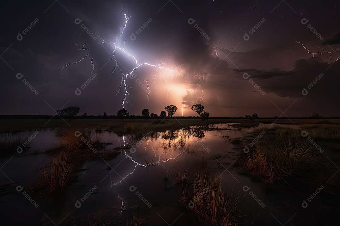 Céus tempestuosos iluminados por um raio intenso