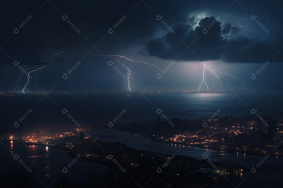 Os céus tempestuosos entram em erupção sobre a cidade iluminada por um raio intenso. (1)