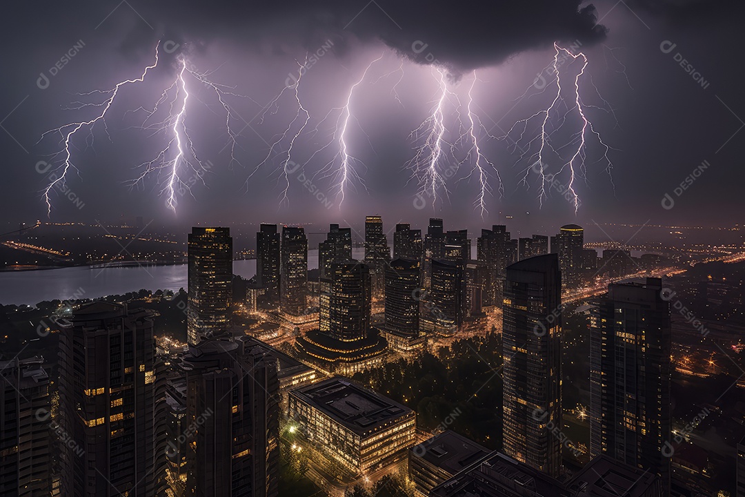 O raio noturno pisca sobre a cidade urbana, os arranha -céus refletem a luz elétrica.