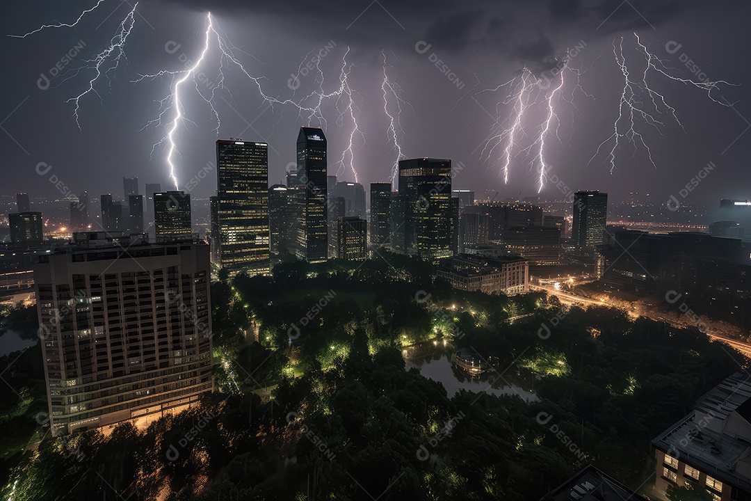 O raio noturno pisca sobre a cidade urbana, os arranha -céus refletem a luz elétrica.