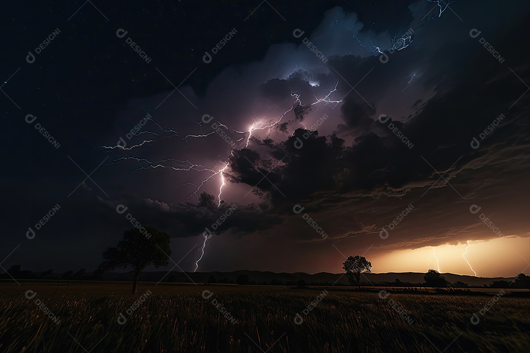 Noite elétrica Lightning danças entre nuvens ameaçadoras.