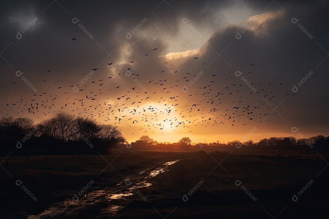 Céu aberto com nuvens macias e pássaros em vôo.