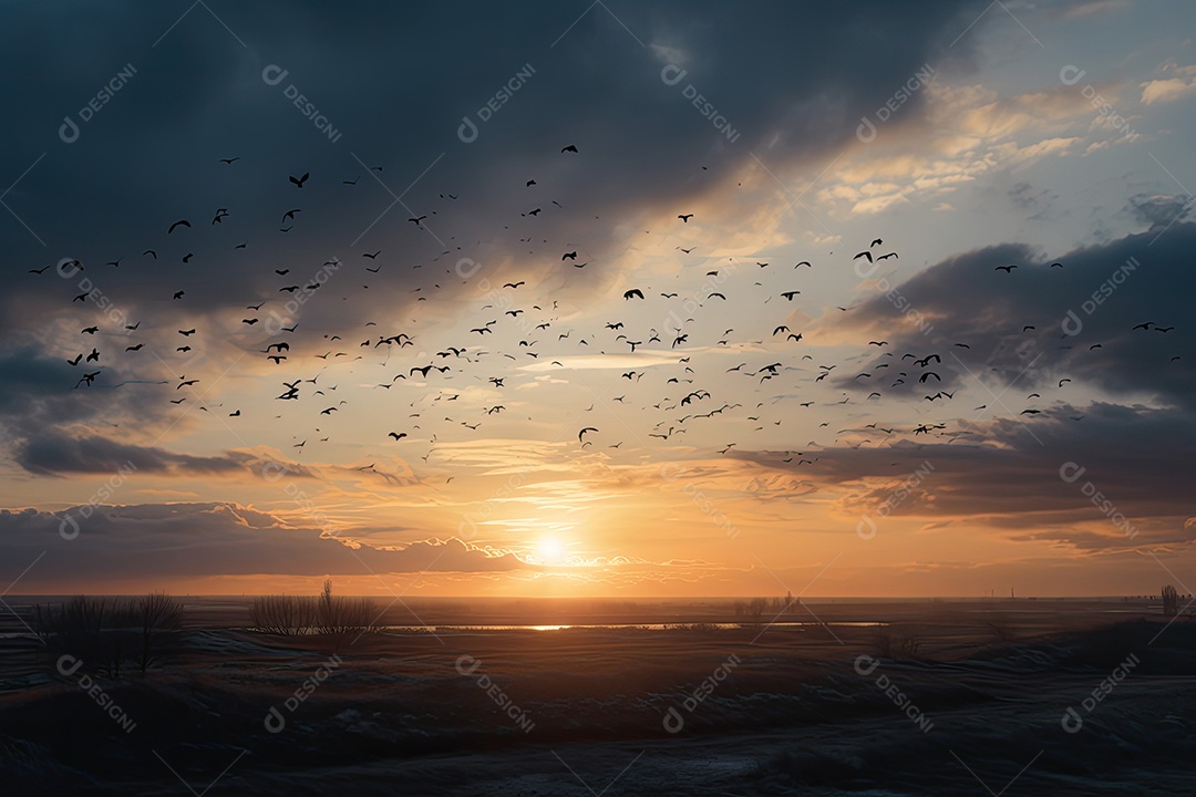 Céu aberto com nuvens macias e pássaros em vôo.