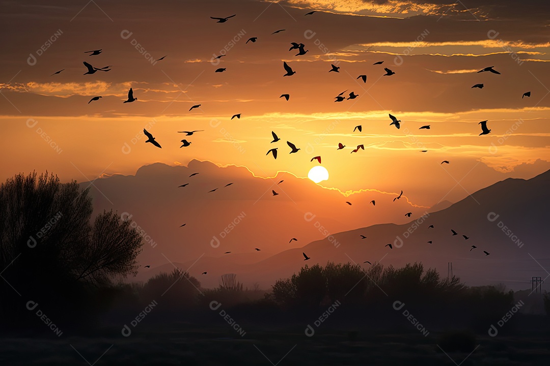 Céu crepúsculo sol dourado, montanhas, pássaros e névoa misteriosa.
