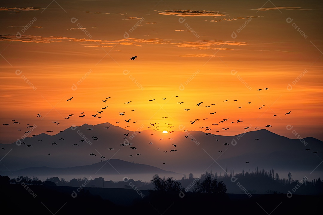 Céu crepúsculo sol dourado, montanhas, pássaros e névoa misteriosa.