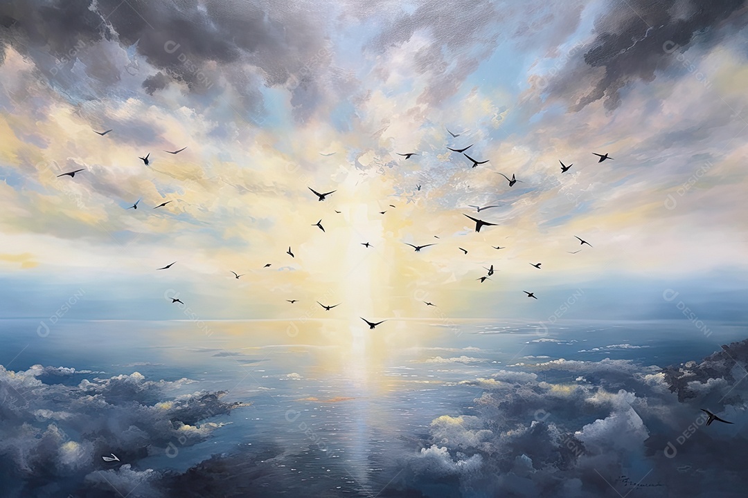 Céu azul, nuvens macias, cidade silenciosa e pássaros dançantes.