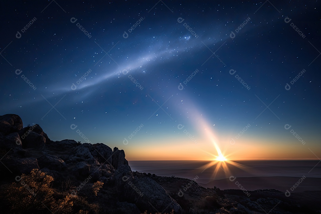 Céu tons macios, nuvens espalhadas, cometa brilhante