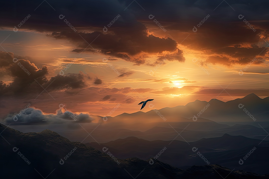 Céu laranja, pássaro solitário serenidade ao anoitecer.