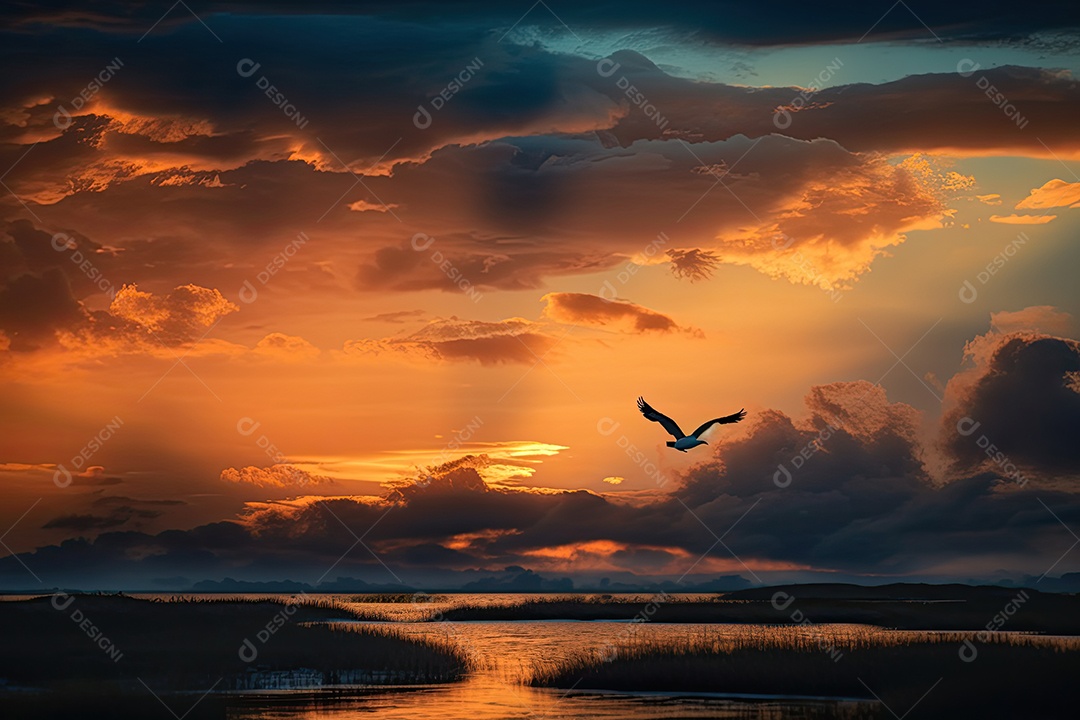 Céu laranja, pássaro solitário serenidade ao anoitecer.