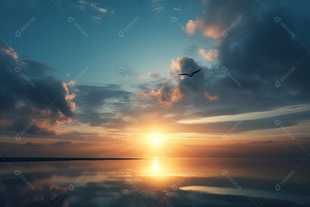 Céu laranja, pássaro solitário serenidade ao anoitecer.