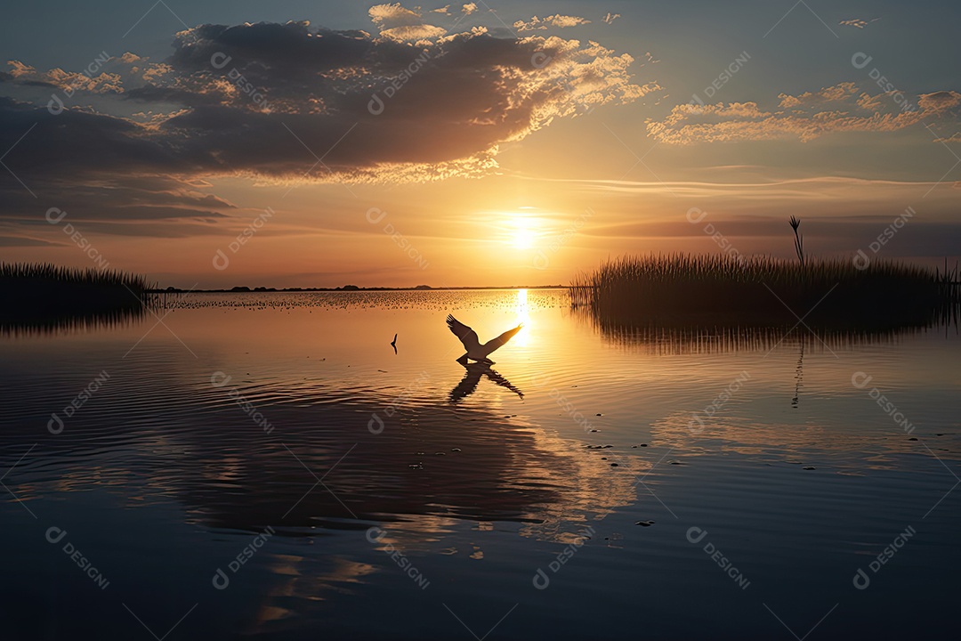 Céu laranja, pássaro solitário serenidade ao anoitecer.
