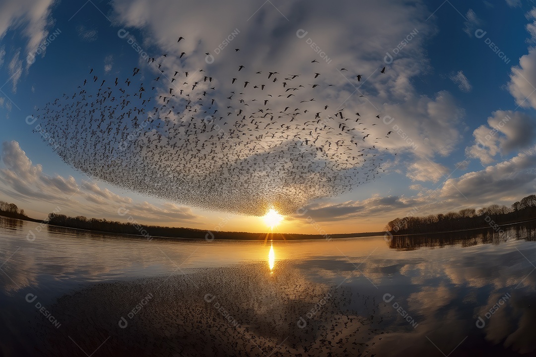 Céu azul sobre o rio sereno e pássaros em vôo