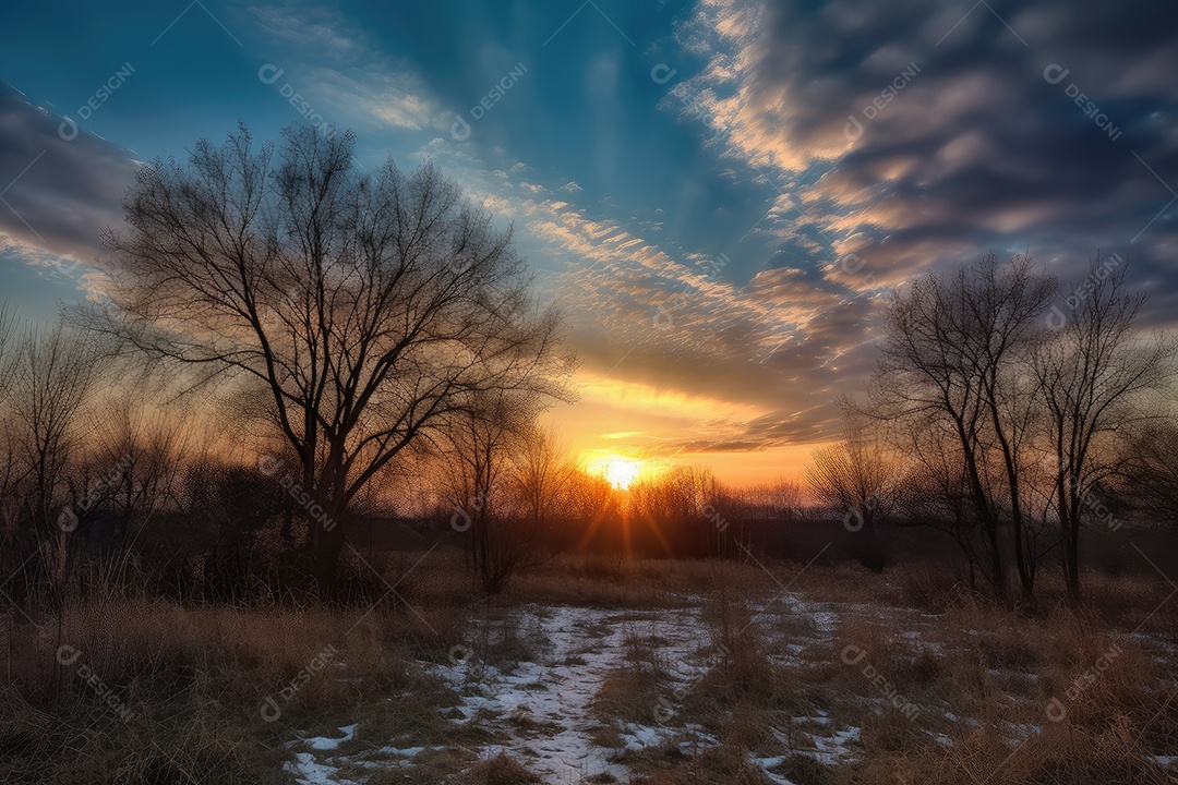 Céu azul, nuvens brancas e sol dourado sobre paisagem tranquila.