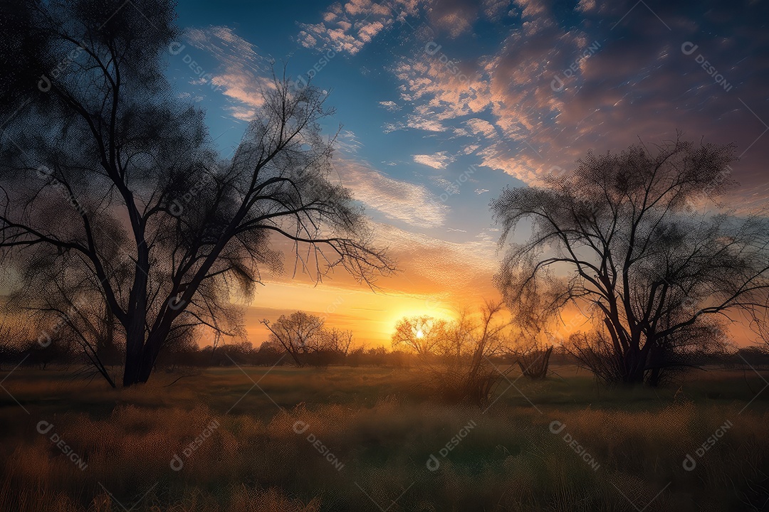 Céu azul, nuvens brancas e sol dourado sobre paisagem tranquila.