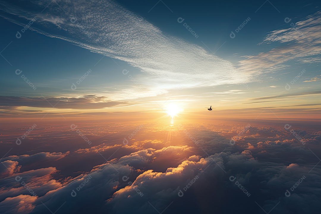 Céu laranja, nuvens macias, plano solitário.