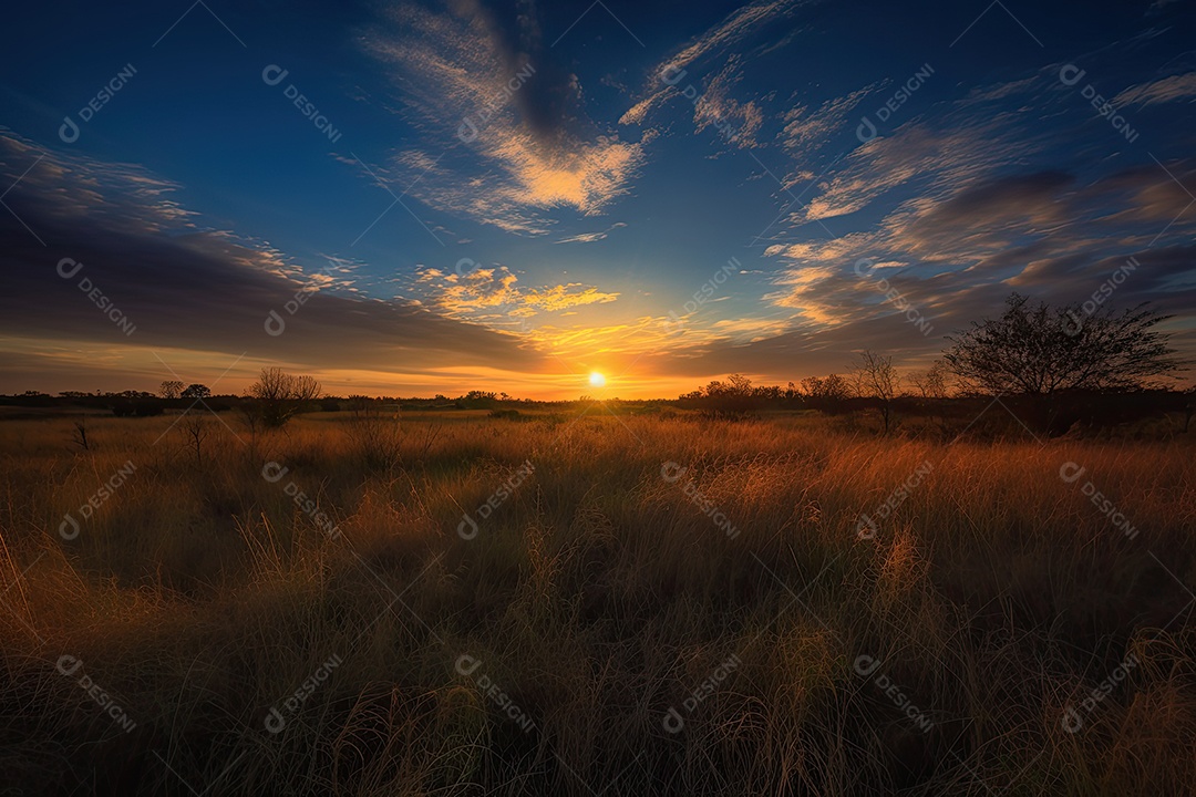 Céu azul, nuvens macias e sol dourado em paisagem serena.