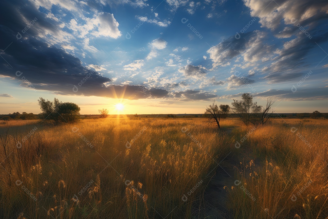 Céu azul, nuvens macias e sol dourado em paisagem serena.