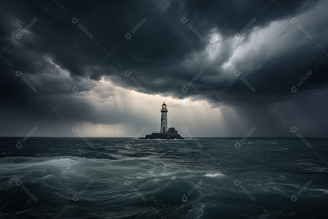 A tempestade se forma sobre o farol solitário em mar agitado.