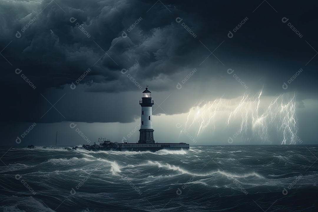 A tempestade se forma sobre o farol solitário em mar agitado.