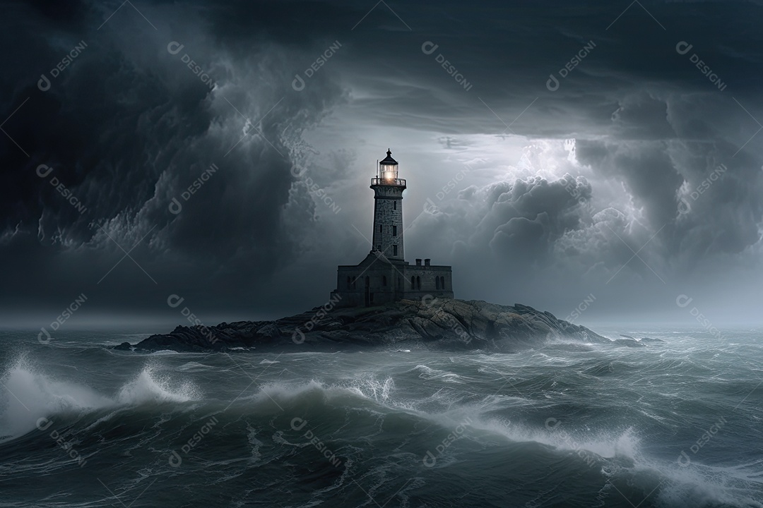 A tempestade se forma sobre o farol solitário em mar agitado.