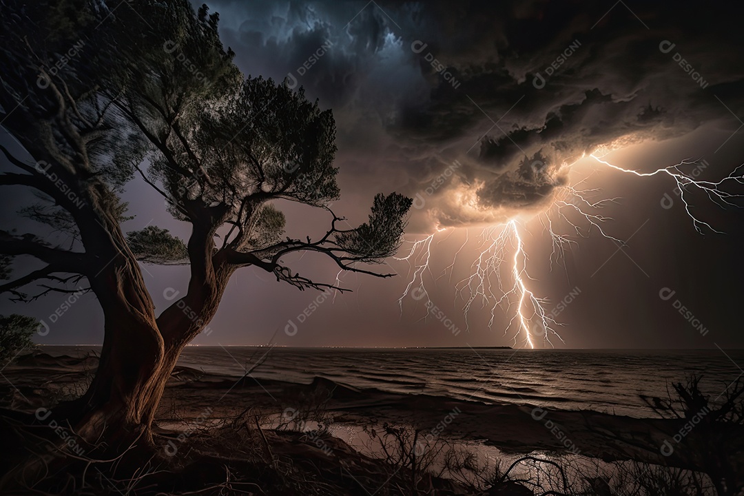 Fierce tempestade domina a paisagem desolada. Lightning e forte chuva criam uma cena de caos.