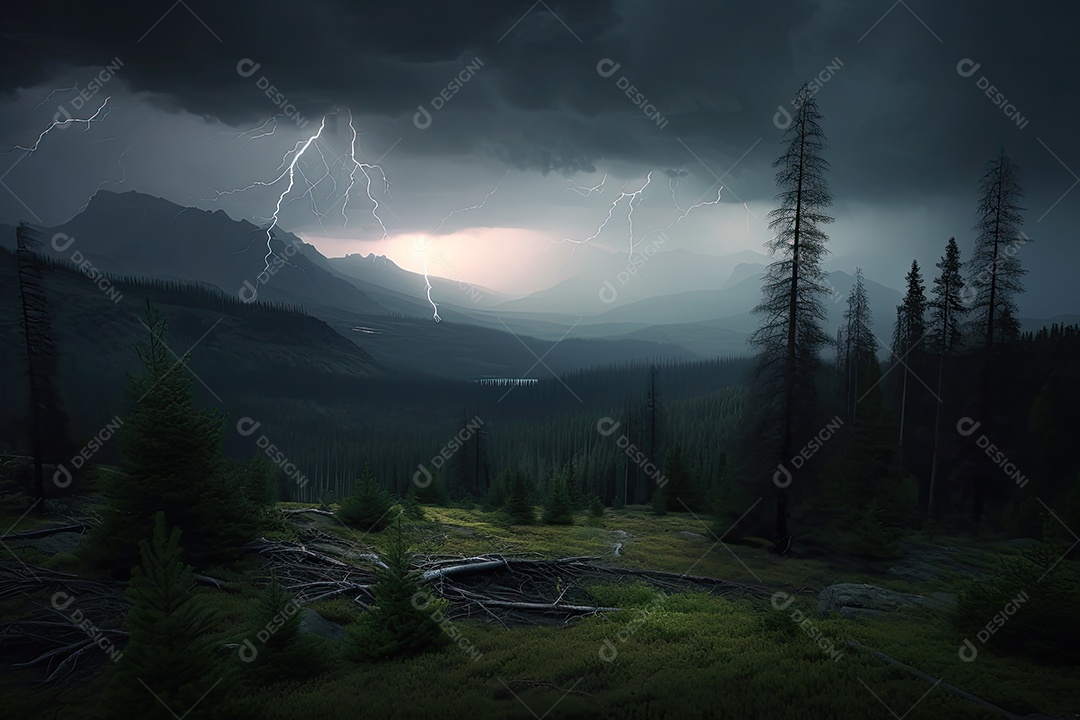Tempestade feroz sobre montanhas e florestas. Raios e chuva iminentes.