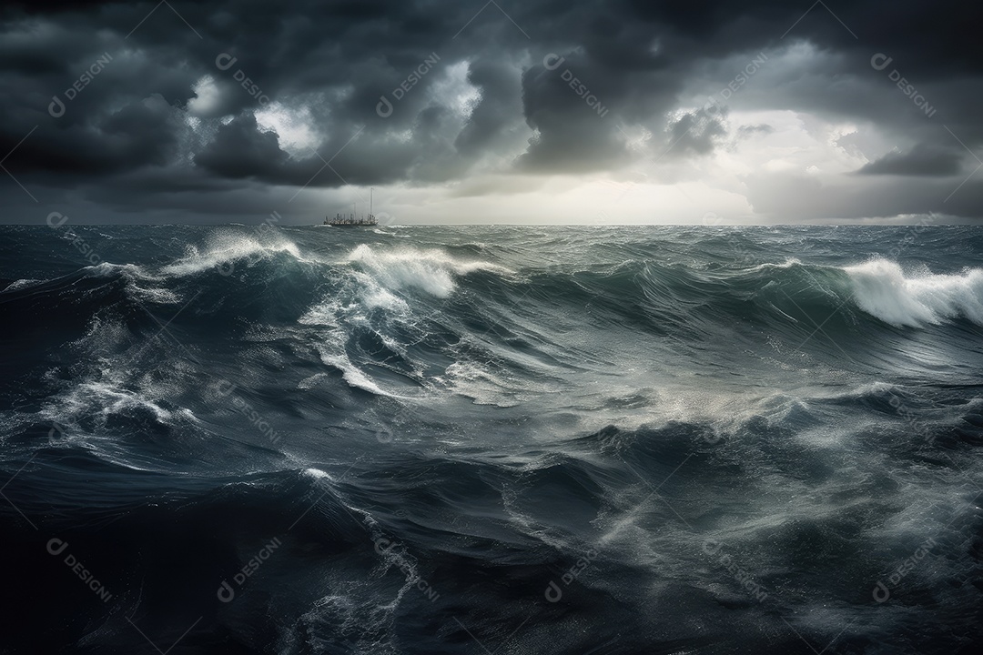 Tempestade furiosa sobre o mar no caos